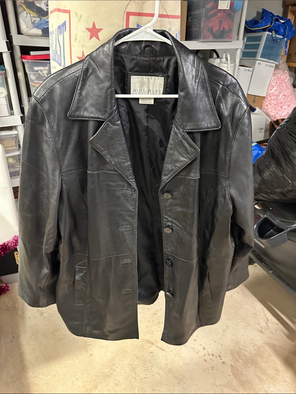 Nine West Black Leather Button-Front Coat